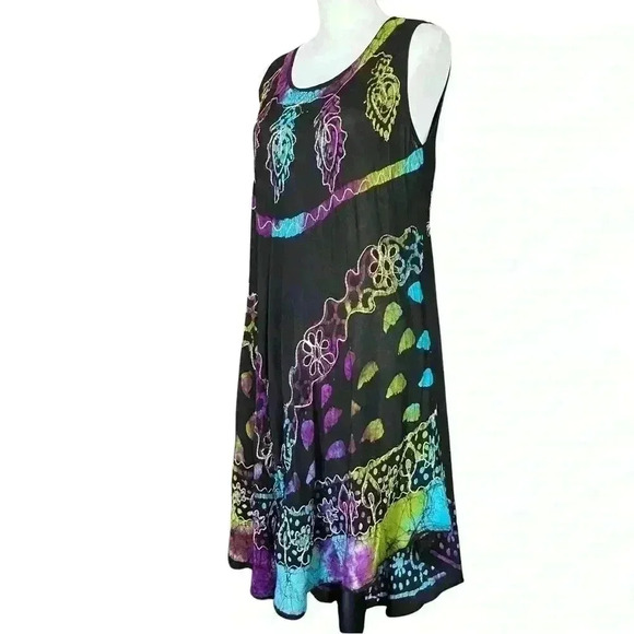 Boho Black Colorful Embroidered Semi Sheer Dress. Made in India. One Size. - Picture 4 of 12